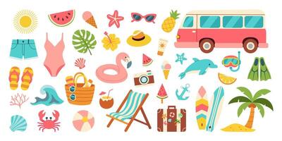 A colorful image of a beach scene with a pink van and various beach accessories such as a beach chair, umbrella, and a suitcase vector