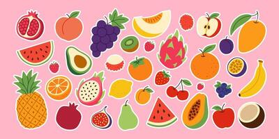 A colorful assortment of fruits and vegetables are scattered across a pink background. Concept of abundance and freshness, with the various fruits and vegetables representing the diversity vector