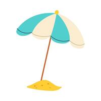A cartoon drawing of a blue and white umbrella on a sandy beach. The umbrella is open and the sand is scattered around it. Scene is lighthearted and fun, as it is a cartoon of a beach scene vector