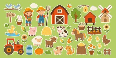 A farm scene with a sign that says Farm in the background. There are several farm animals, including a cow, a horse, and a chicken. A tractor is also present in the scene vector