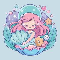 a cute mermaid with a shell and starfish vector