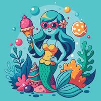 mermaid with ice cream and bubbles vector