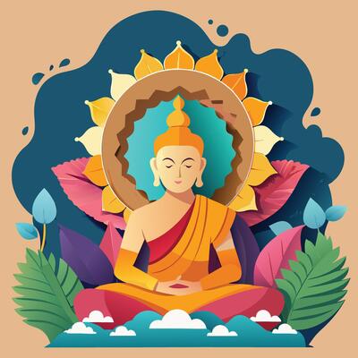 buddha in lotus position with sun and flowers