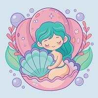 mermaid with a shell and bubbles on a blue background vector