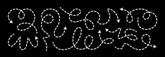 Dashed arrow squiggly line set. Curved shape doodle brush element. Complex plan, map path pattern. 3d up down direction scribble dynamic curly marker. Looped black stroke twirl spiral handdrawn vector