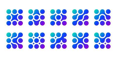 Connected dot icon, abstract tech logo. shape science pattern, integration innovation symbol. Liquid circles merge into blob drops, medical data network metaball design. Round nano morph square vector