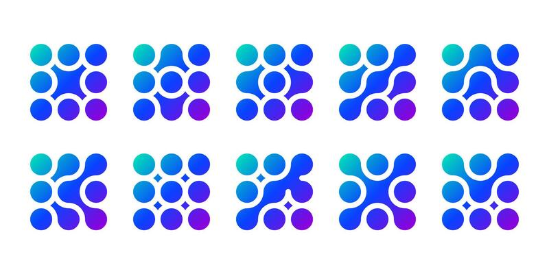 Connected dot icon, abstract tech logo. shape science pattern, integration innovation symbol. Liquid circles merge into blob drops, medical data network metaball design. Round nano morph square