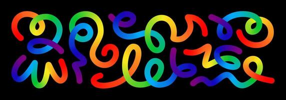 Color blend curved line set. Colour splash fluid shape doodle element. Gradient flow brush, squiggly scribble, happy birthday party direction sign. Bright stroke carnival confetti spiral swirl. vector