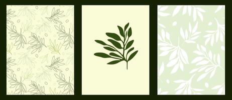 Set of card olive branches on a green background. Design template clip art for advertisements, olive oil, textiles and fabric. Eco-friendly and natural style layout. vector
