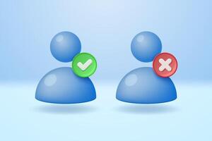 User icons with green check mark and red cross. Approved and rejected password of user profile name. 3d illustration. vector