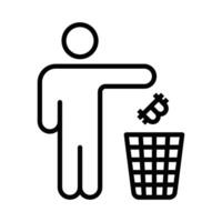Man throws bitcoin in trash icon. Editable stroke. vector