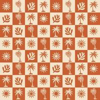 Retro Tropical Seamless Pattern with Palm Trees, Sun Icons, and Leaves in Terracotta Tones vector