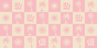 Seamless Soft Pink and Cream Tropical Pattern with Palm Trees and Sun Icons vector