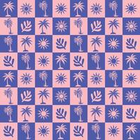 Seamless Retro Tropical Pattern with Palm Trees and Suns in Pink and Purple Tones vector