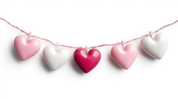 A string of pink and white hearts hanging from a white background photo