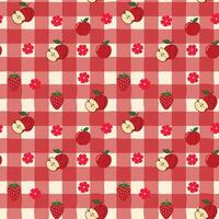 Seamless Red Gingham Pattern with Apples, Strawberries, and Flowers Cute Kawaii Fruit Picnic Design vector
