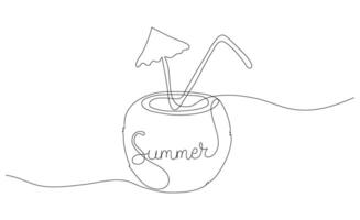 Summer Coconut cocktail in one line with an umbrella and a straw. Minimalistic continuous editable stroke for poster banner card. Hand drawn lettering. vector