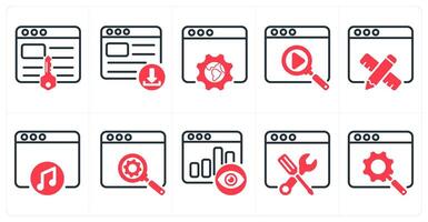 A set of 10 seo icons as keywords, download website, browser setting in red color vector