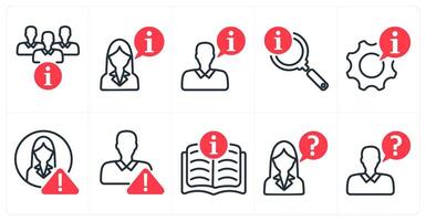A set of 10 business icons as team information, business instruction, search info in red color vector