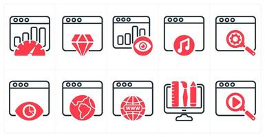 A set of 10 seo icons as seo performance, website reputation, page view in red color vector
