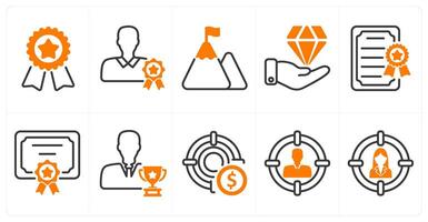 A set of 10 business icons as badge, premium member, mission in orange color vector