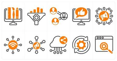A set of 10 seo icons as creative design, seo conversion rate, online comment in orange color vector