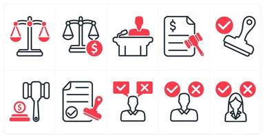 A set of 10 business icons as balance, judgement, conference in red color vector