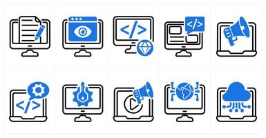A set of 10 seo icons as content writing, online viewer, clean code in blue color vector