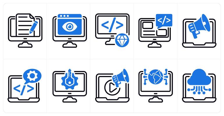 A set of 10 seo icons as content writing, online viewer, clean code in blue color