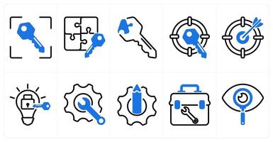 A set of 10 business icons as target key, business key, solution key in blue color vector