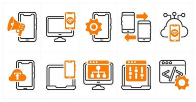 A set of 10 seo icons as mobile adverting, device connectivity, mobile option in orange color vector