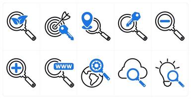 A set of 10 seo icons as organic search, target keywords, local seo in blue color vector