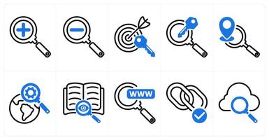 A set of 10 seo icons as zoom in, zoom out, target keywords in blue color vector