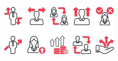 A set of 10 business icons as crisis overcome, confusion, employee change in red color vector