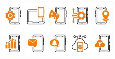 A set of 10 business and seo icons as mobile option, responsive design, mobile advertising, mobile technology vector