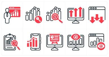 A set of 10 seo icons as seo training, keyword ranking, marketing research in red color vector