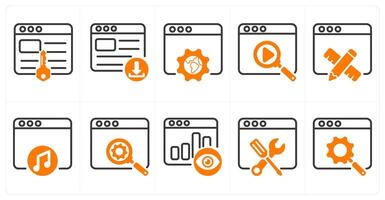 A set of 10 seo icons as keywords, download website, browser setting in orange color vector