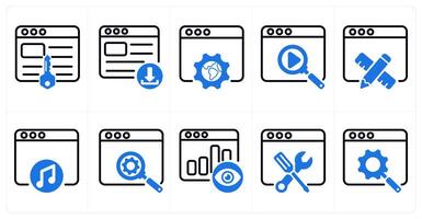 A set of 10 seo icons as keywords, download website, browser setting in blue color vector