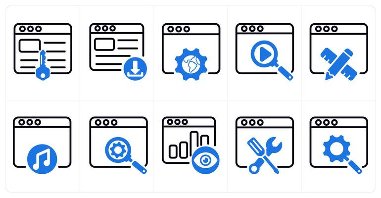 A set of 10 seo icons as keywords, download website, browser setting in blue color