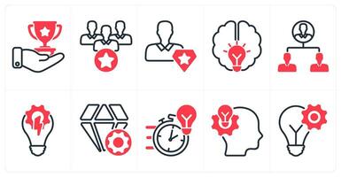 A set of 10 business icons as business achievement, leadership, pro member in red color vector