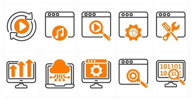 A set of 10 seo icons as convert, online music, search in orange color vector
