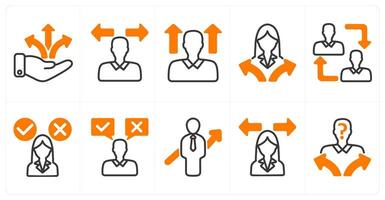 A set of 10 business icons as business direction, confusion, career vision, employee change in orange color vector