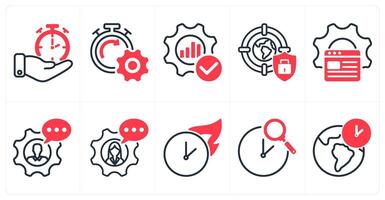 A set of 10 seo icons as time management, seo performance, optimization in red color vector