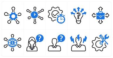 A set of 10 business icons as service network, time network, uncertanity in blue color vector