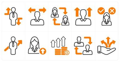 A set of 10 business icons as crisis overcome, confusion, employee change in orange color vector