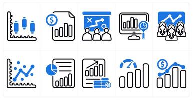 A set of 10 business icons as stock market, cost management, presenting tactics in blue color vector