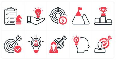 A set of 10 business icons as business startegy, solution, profit target in red color vector