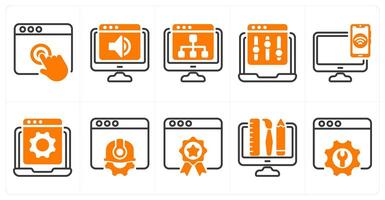 A set of 10 seo icons as touch, website audio, web hierarchy in orange color vector