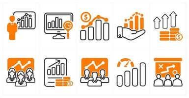 A set of 10 business icons as graphical presentation, analysis, business growth in orange color vector