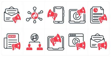 A set of 10 seo icons as email advertising, marketing network, mobile advertising in red color vector